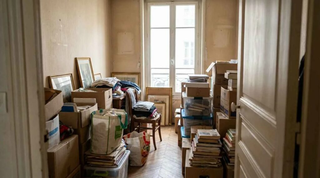 Pièce encombrée de meubles et de cartons avant travaux