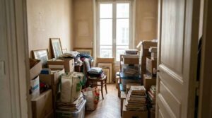 Pièce encombrée de meubles et de cartons avant travaux