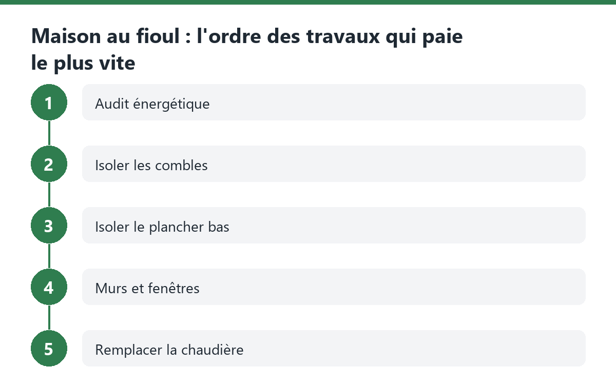 Schéma en 5 étapes : audit énergétique, isolation des combles, du plancher bas, des murs et fenêtres, puis remplacement de la chaudière fioul